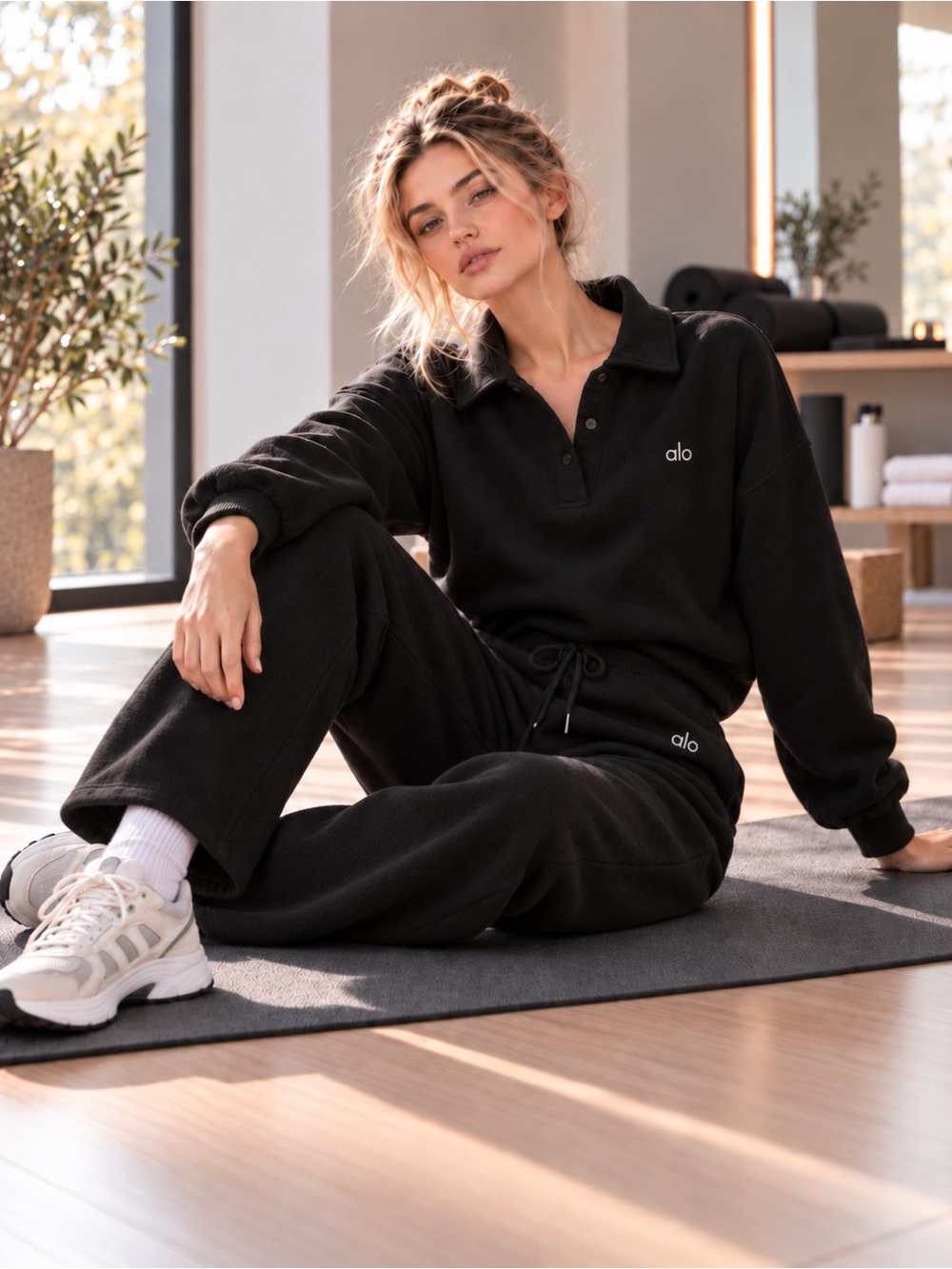 NWT Alo Black Collared Pullover & Straight Leg Sweatpants Set Size S